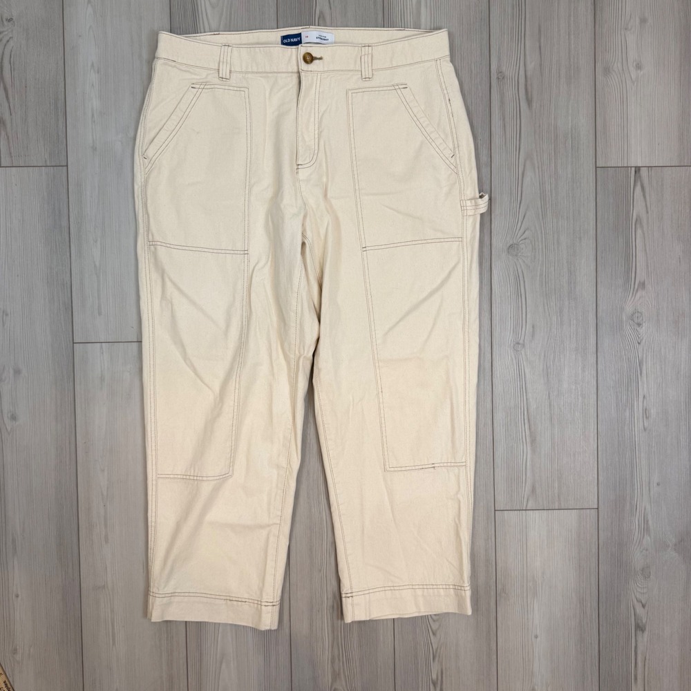 Old Navy Wmns 18 High Rise Straight Utility Pants Natural Beige Carpenter Cotton